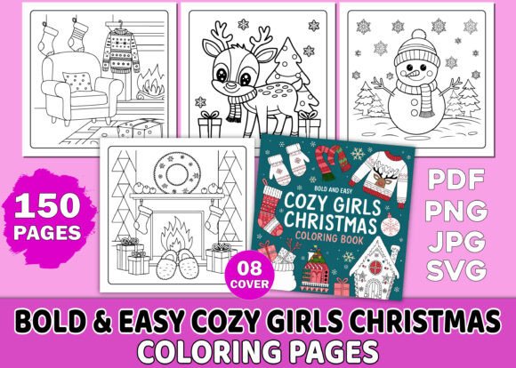 Bold Easy Cozy Girls Christmas Coloring Graphics for KDP Interiors