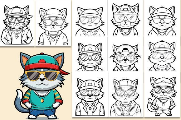 Hip Hop Cat Coloring Pages: Graphics for Kdp Interiors