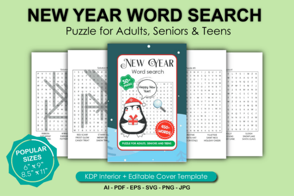 New Year Word Search Puzzle for Adults: Graphics & KDP Interiors